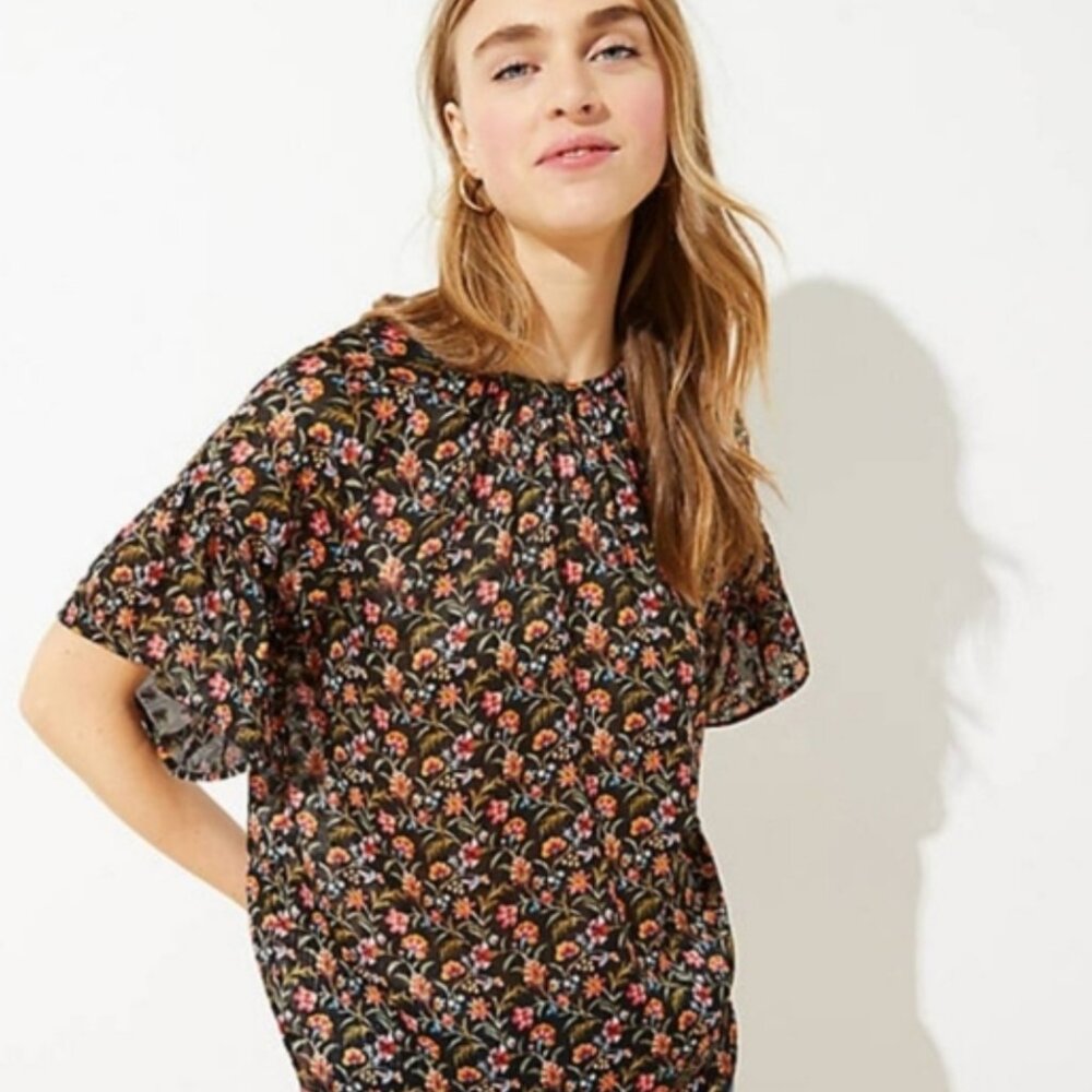 LOFT Romantic Black Floral Blouse | Size Small Petite